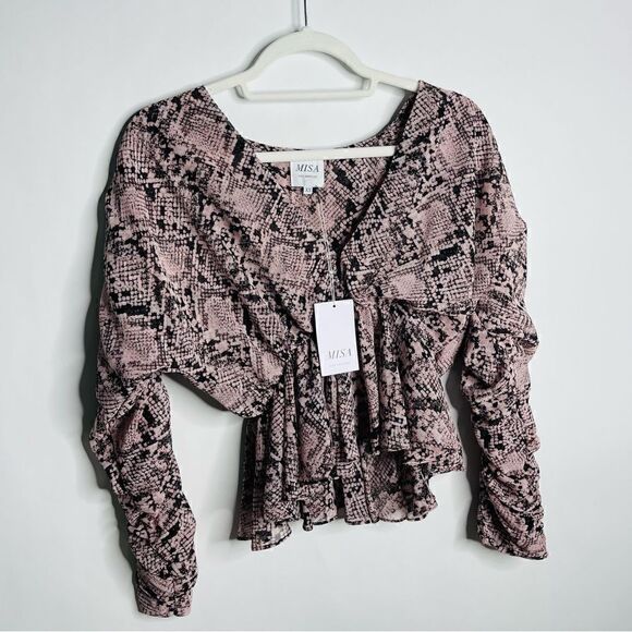 MISA NWT Kesara Blouse in Snake Skin Print With Ruched Long Sleeve Size XS. - Picture 8 of 13